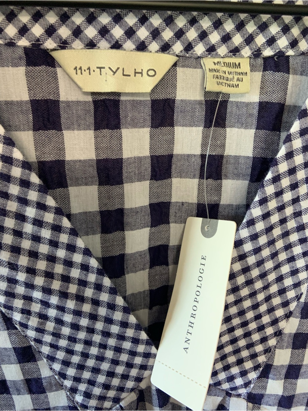 ANTHROPOLOGIE Gingham V Neck Swing Dress Blue White Size Medium - Picture 8 of 13